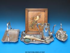 A beaten copper plaque with bird decoration signed Gilles, plated ware,