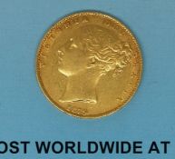 An 1879 young head gold full sovereign shield reverse,