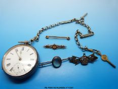 A silver pocket watch (B'ham), silver brooch, gold bar brooch,
