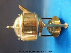 A WMF Vienna secession style brass spirit kettle on stand, height 33.
