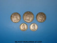 Five E/F Victorian silver coins comprising 1837 Jubilee half crown,