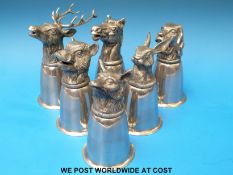 A set of six Gucci stirrup cups each in the form of an animal, stag, hare, fox, horse,