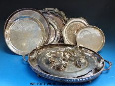 A quantity of silver plated items to include a large oval galleried tray, a salver, trays,