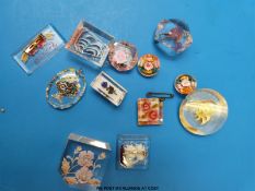 Eleven lucite items to include a pair of earrings, brooches and a pendant,