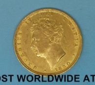 An 1830 George IV gold full sovereign, bare head, shield reverse,