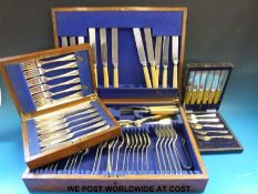 An oak-cased canteen of cutlery, fish service in case and loose EPNS cutlery.
