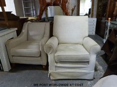 Two mushroom coloured upholstered easy chairs