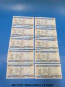 Ten Yugoslavian 1000 Dinara consecutive uncirculated banknotes together with ten Nigerian 50 Naira