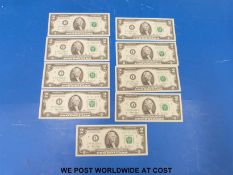 Nine USA two dollar consecutive uncirculated banknotes 2003 IO4751166A - IO4751174A