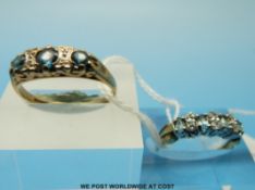 Two 9ct gold rings one set with three blue stones and diamonds and the other set with cubic