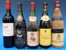 Five bottles of wine including 1998 Chateau Moulin de Barrail, Siglo Rioja 1988,