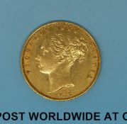 An 1852 young head gold full sovereign shield reverse VF