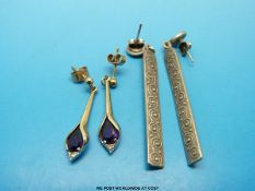 Two pairs of earrings, one 9ct gold set with amethysts and  diamonds,