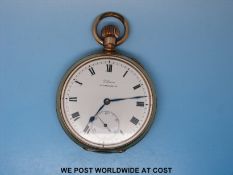 Omega gold plated open faced keyless wind pocket watch with subsidiary seconds dial, marked S Lacon,