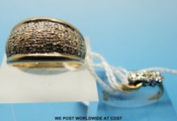 Two 9ct gold rings one set with three diamonds in an illusion setting the other with diamonds in