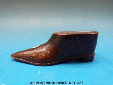 A prisoner of war studded treen shoe with bone and mother of pearl inlay,