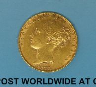 An 1873 young head gold full sovereign shield reverse,