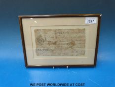 A framed five guinea banknote c1790 Leicester Bank for Bentley & Buxton