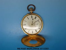 A late 19thC gentleman's 18ct continental gold half hunter pocket watch with keyless movement