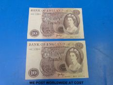 Two consecutive Bank of England ten pound notes J B Page uncirculated MO4 prefix