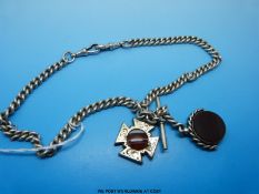 A hallmarked silver Albert with two silver fobs set with agate