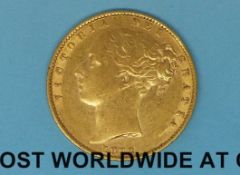 An 1872 young head gold full sovereign shield reverse,