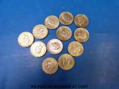 Twelve pre-bimetal two pound coins including football, Bill of Rights,