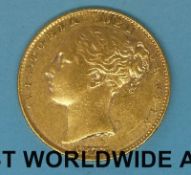 An 1872 young head gold full sovereign, shield back, die no 50,