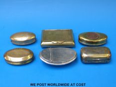 Six brass snuff boxes including 1903 Chipping Norton example