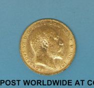 A 1908 gold full sovereign VF/EF