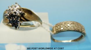 Two 9ct gold rings one set with three rows of diamonds and the other with diamionds in a cluster