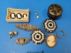 A pearl and diamond set pendant, silver and marcasite metamorphic brooch, silver brooch,