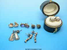 A pair of opal and 9ct gold earrings, 9ct gold earrings set with pearls,