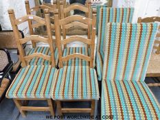 A set of four dining chairs together with two others with hardwood frames and matching upholstery