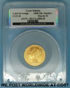 An 1868 young head gold full sovereign in capsule, CGS 40, die no 35,