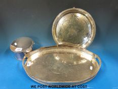 A silver plated galleried tray together with a plated salver and a plated trinket box,
