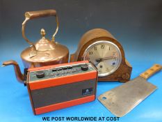 Three train oak cased mantel clock, copper kettle,