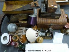 A large quantity of collectibles including travelling trunks, horse brasses, lamps,