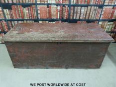 A large camphorwood possibly oriental travelling trunk with heavy brass / bronze hinges,