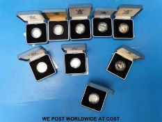 Nine silver proof UK one pound cased coins with certificates 1990-1998 inclusive