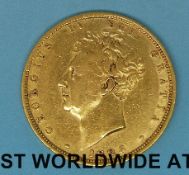 An 1826 George IV gold full sovereign, bare head, shield reverse,