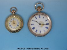 Two ladies continental fob watches, keyless movement,
