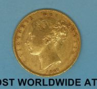 An 1849 young head gold full sovereign shield reverse