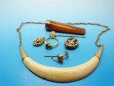 A yellow metal mourning locket, yellow metal stick pin,  9ct gold mounted cheroot holder,