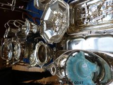 A large collection of silver plate items etc, to include gadrooned kettle on stand, tea pot,