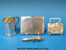 Two hallmarked silver cigarette cases and a hallmarked silver christening mug (weight 282g)