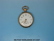 A yellow metal cased keyless fob watch with white enamel dial