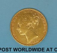 An 1869 young head gold full sovereign shield reverse,