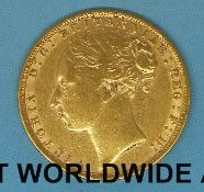 An 1872 young head gold full sovereign, type 2 reverse,