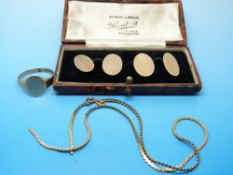 A pair of 9ct gold engine-turned cufflinks and a gentleman's 9ct gold signet ring etc 12.